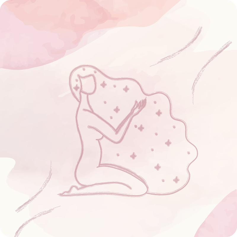 Icono de mujer con pelo largo y rizado sentada en el suelo. Yoga par ala fertilidad